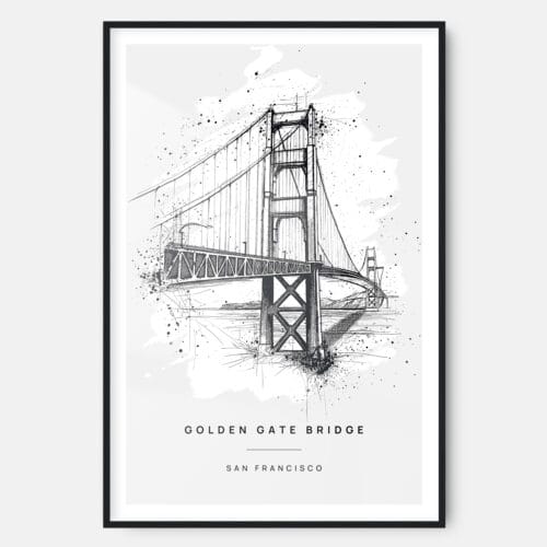 Golden Gate Bridge Pencil Drawing Art Print - Main - Black Frame - Portrait