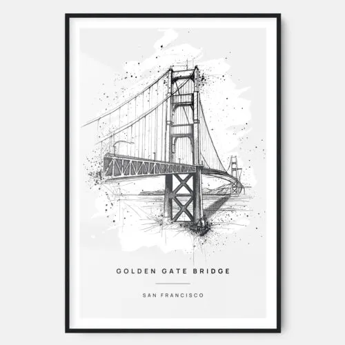 Golden Gate Bridge Pencil Drawing Art Print - Main - Black Frame - Portrait