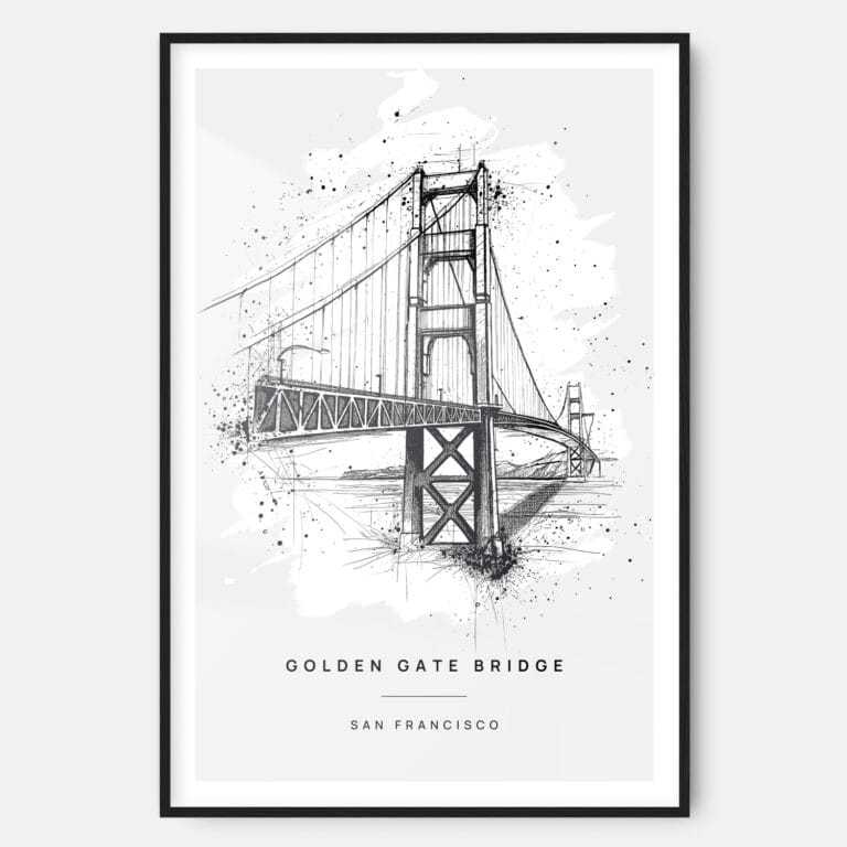 Golden Gate Bridge Pencil Drawing Art Print - Main - Black Frame - Portrait