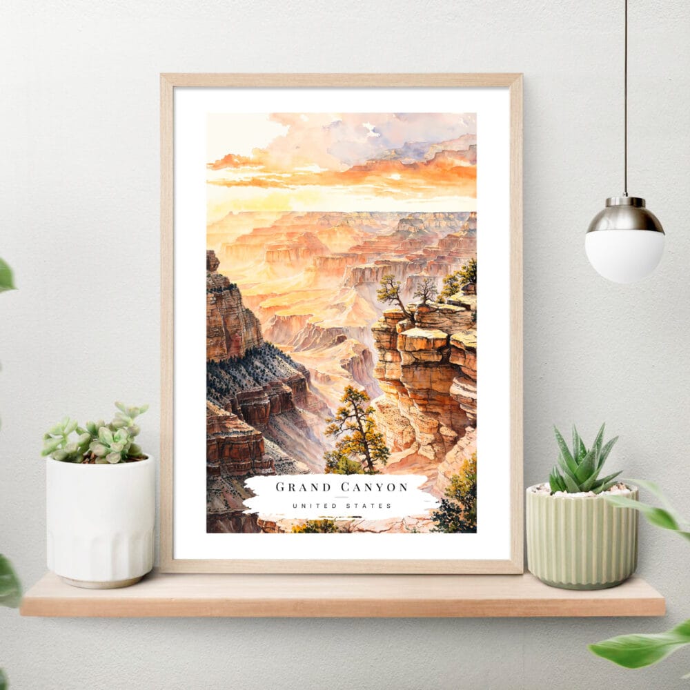Grand Canyon Watercolor Art Print on shelf Grand Canyon Watercolor Art Print on shelf