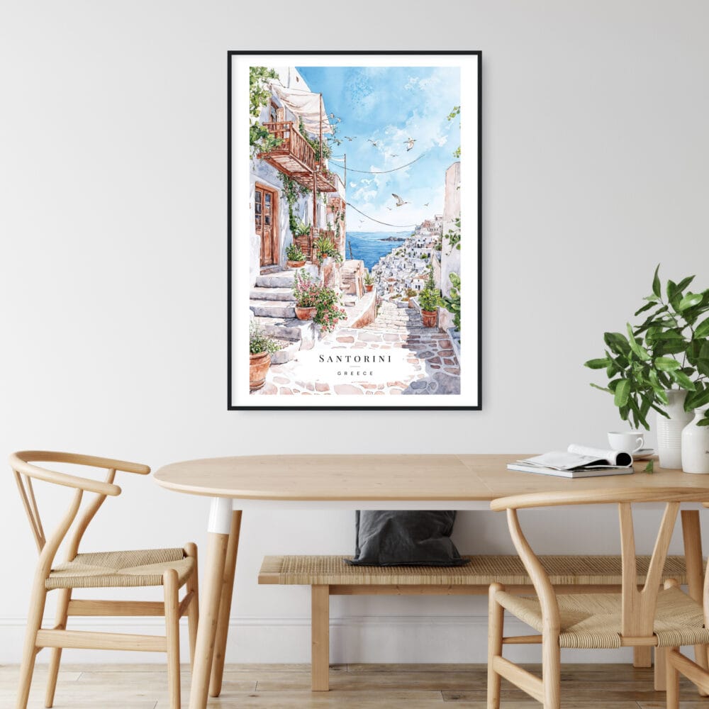 Greece Santorini Watercolor Painting Art Print - Kitchen Wall Art - Portrait Greece Santorini Watercolor Painting Art Print - Kitchen Wall Art - Portrait