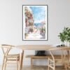Greece Santorini Watercolor Painting Art Print - Kitchen Wall Art - Portrait