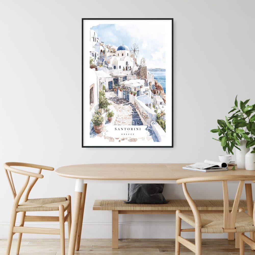 Greece Santorini Watercolor Painting Art Print - Kitchen Wall Art - Portrait Greece Santorini Watercolor Painting Art Print - Kitchen Wall Art - Portrait
