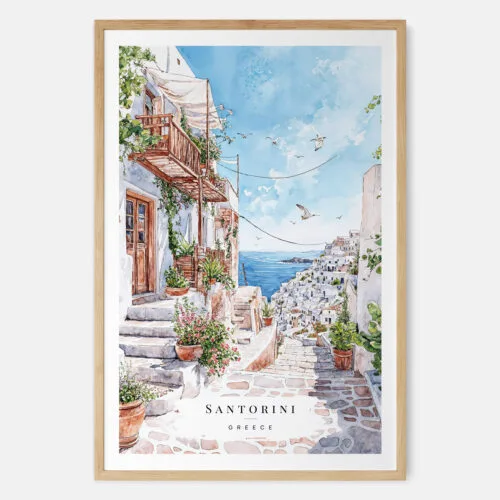 Greece Santorini Watercolor Painting Art Print - Main - Wood Frame