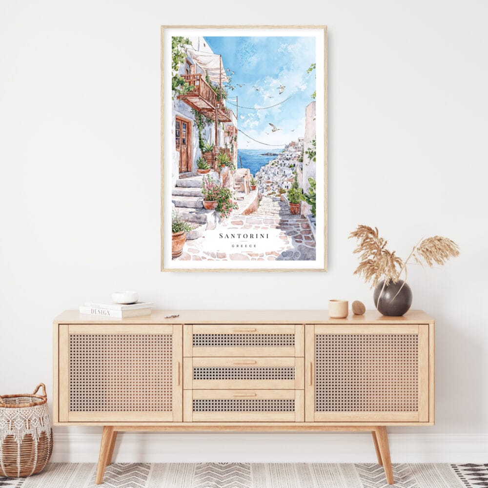 Greece Santorini Watercolor Painting Art Print - Shelf - Portrait Greece Santorini Watercolor Painting Art Print - Shelf - Portrait