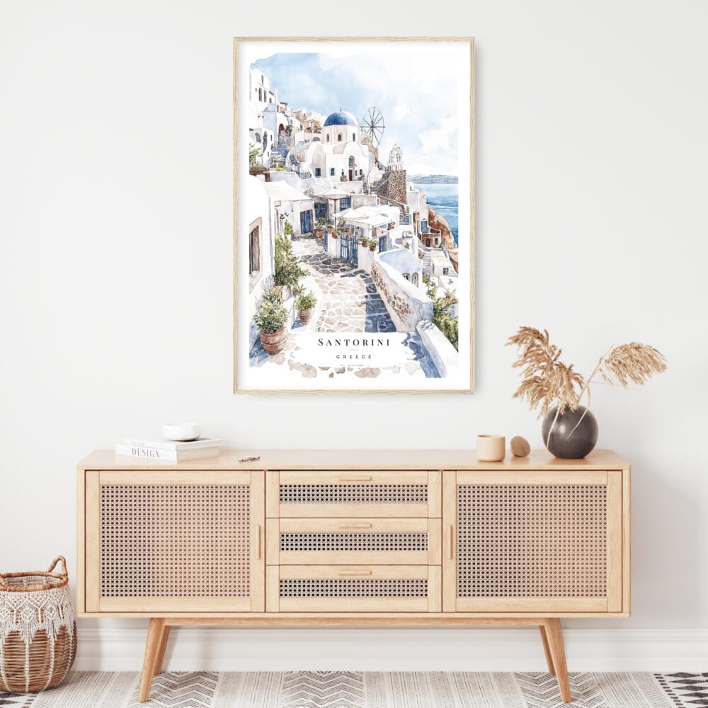 Greece Santorini Watercolor Painting Art Print - Shelf - Portrait Greece Santorini Watercolor Painting Art Print - Shelf - Portrait