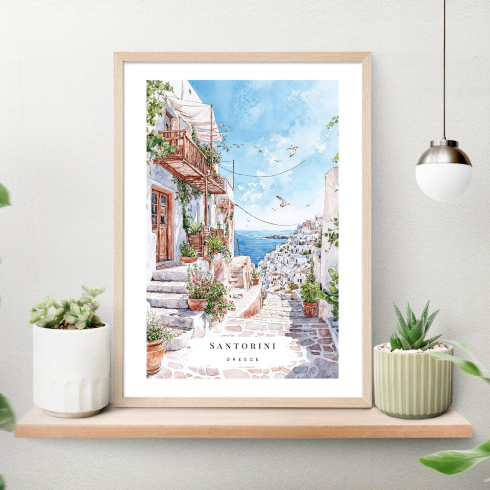 Greece Santorini Watercolor Painting Art Print on shelf Greece Santorini Watercolor Painting Art Print on shelf