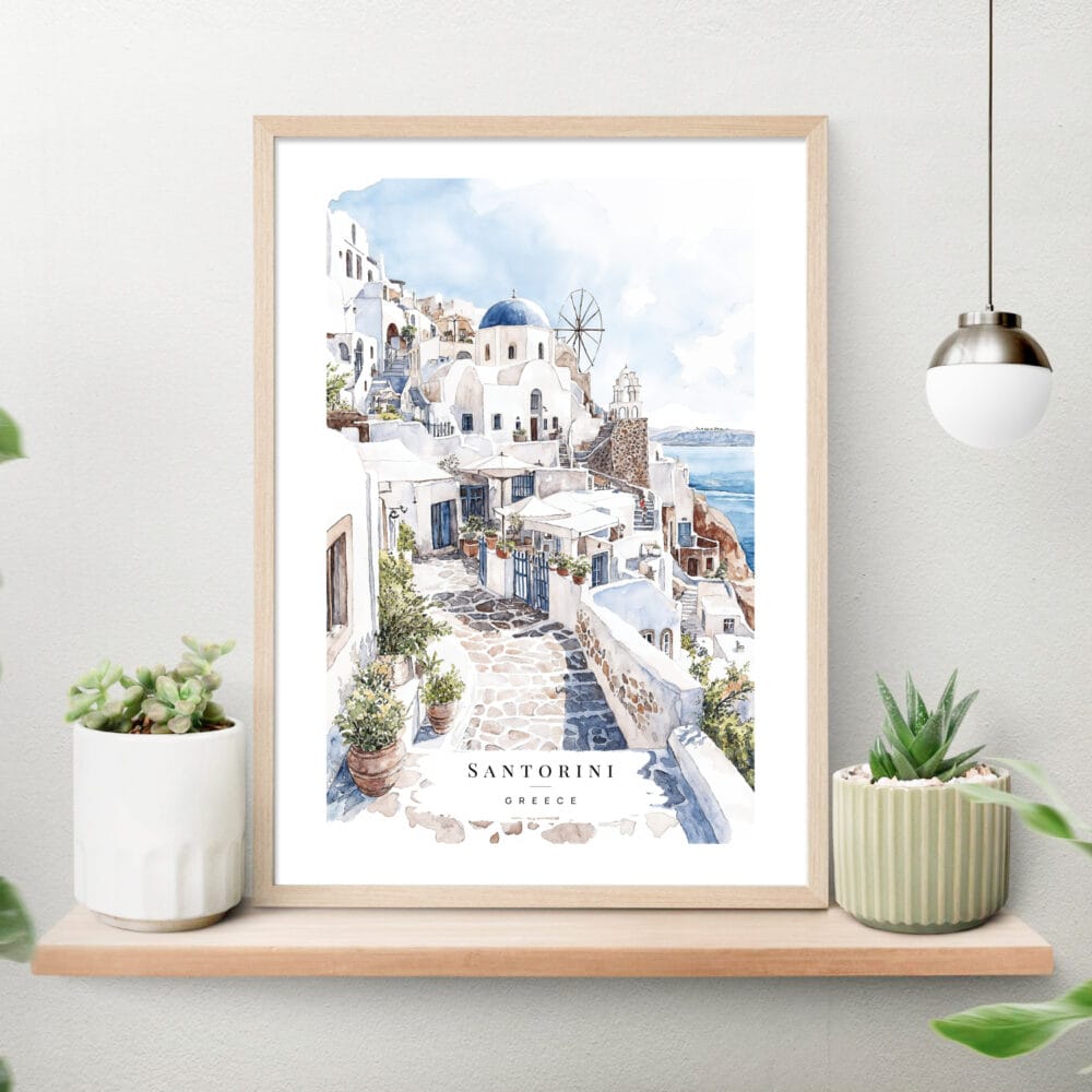 Greece Santorini Watercolor Painting Art Print on shelf Greece Santorini Watercolor Painting Art Print on shelf