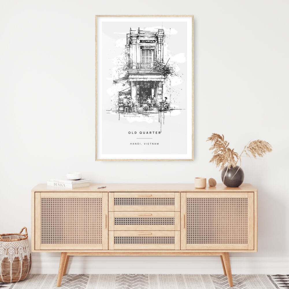Hanoi Old Quarter Line Drawing Art Print - Shelf - Portrait Hanoi Old Quarter Line Drawing Art Print - Shelf - Portrait