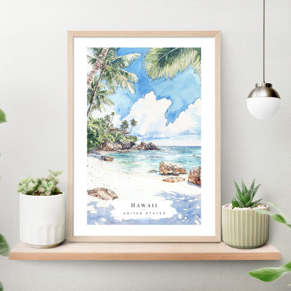 Hawaii Watercolor Art Print on shelf Hawaii Watercolor Art Print on shelf