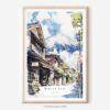 Japanese Street with Mount Fuji Watercolor Art Print - Main - Portrait