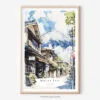 Japanese Street with Mount Fuji Watercolor Art Print - Main - Portrait
