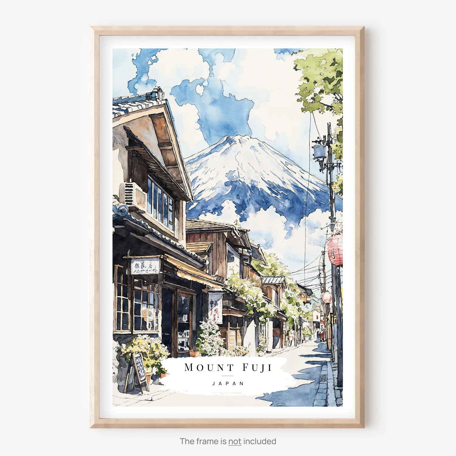Mount Fuji Watercolor Art with Japanese Street Scene Art Print