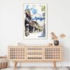 Japanese Street with Mount Fuji Watercolor Art Print - Shelf - Portrait