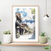 Japanese Street with Mount Fuji Watercolor Art Print on shelf