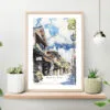Japanese Street with Mount Fuji Watercolor Art Print on shelf