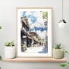Japanese Street with Mount Fuji Watercolor Art Print on shelf