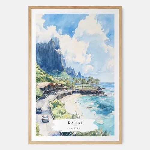 Kauai Hawaii Watercolor Art Print - Main - Wood Frame