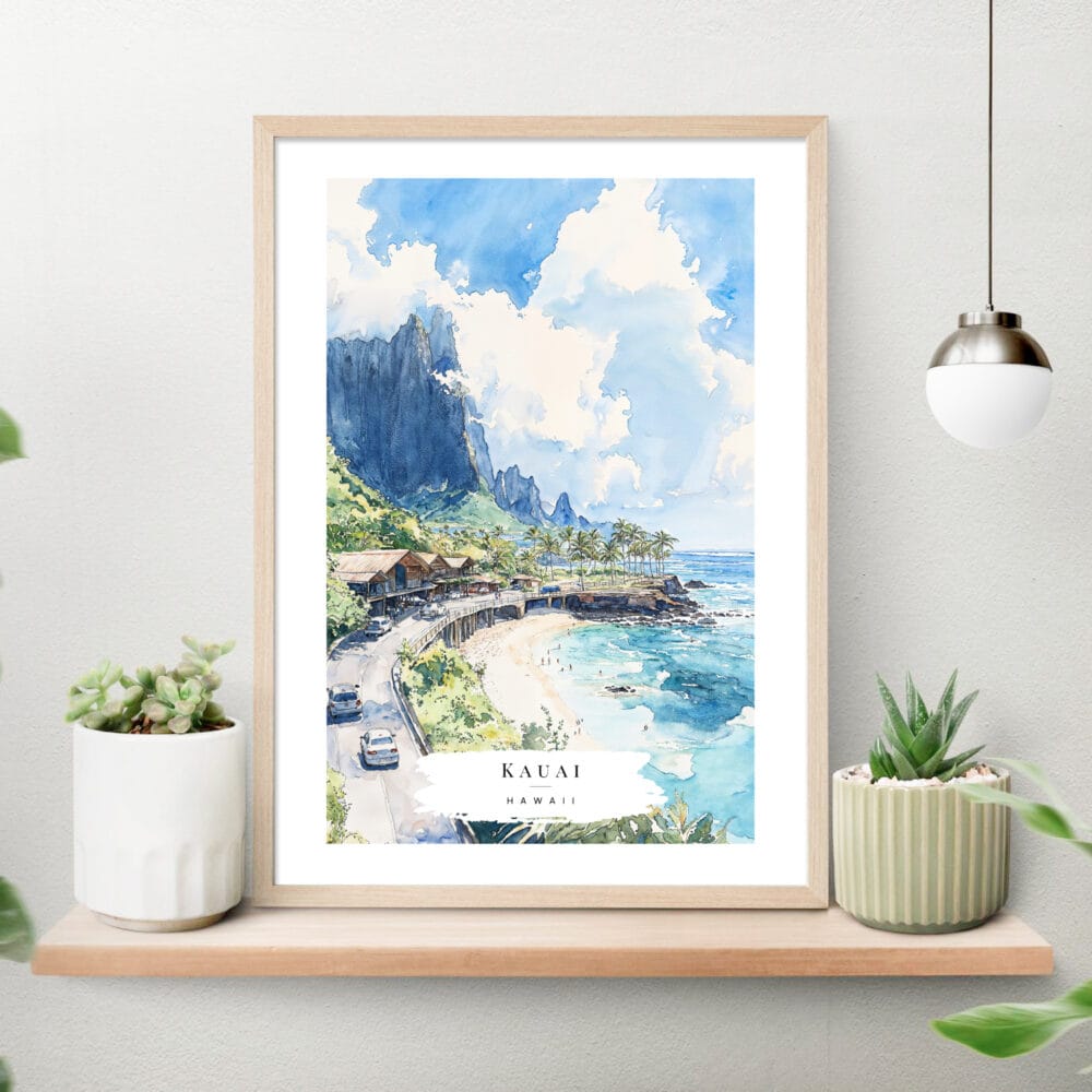 Kauai Hawaii Watercolor Art Print on shelf Kauai Hawaii Watercolor Art Print on shelf