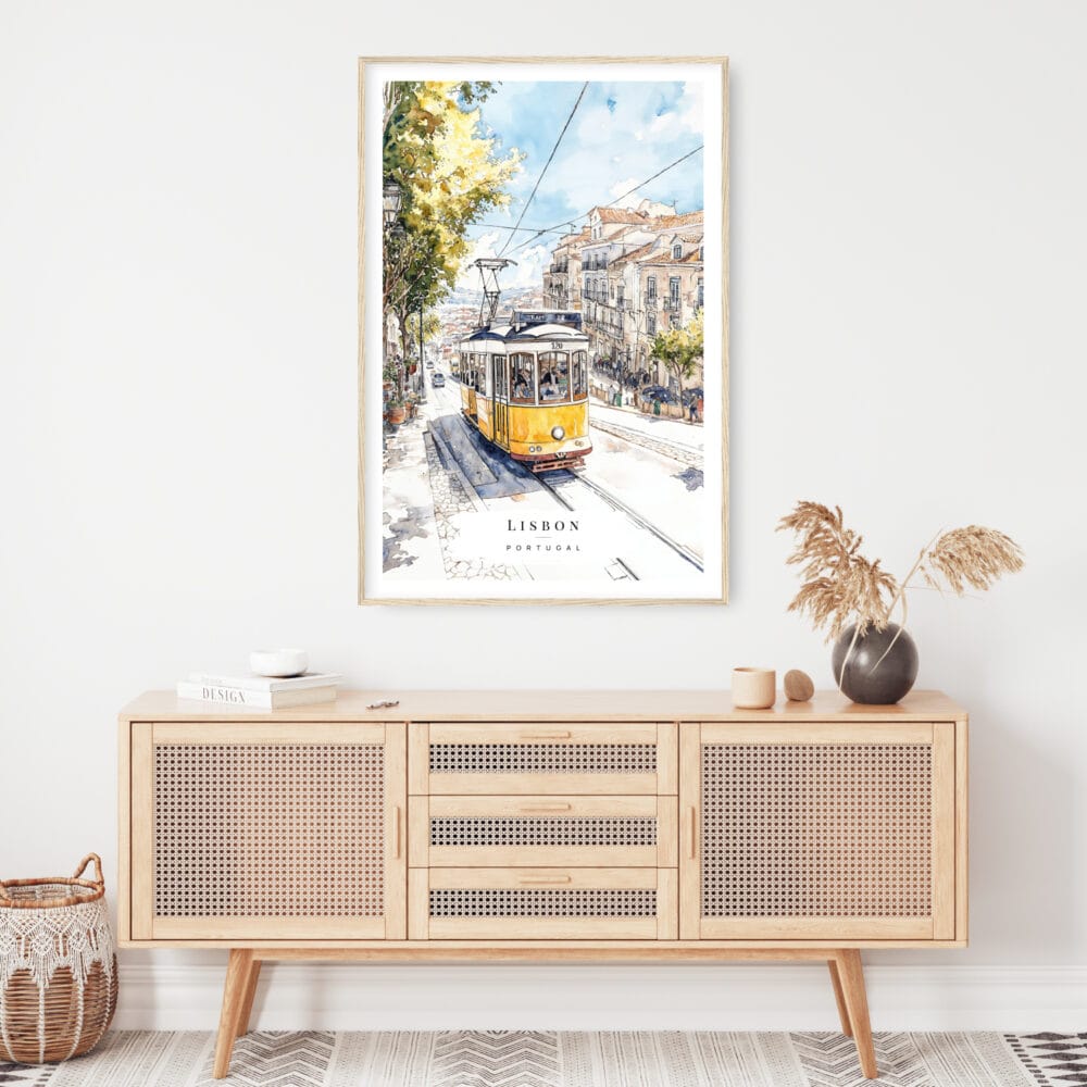 Lisbon Portugal Watercolor Print with Tram 28 Art Print - Shelf - Portrait Lisbon Portugal Watercolor Print with Tram 28 Art Print - Shelf - Portrait