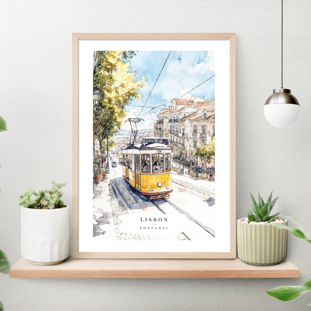 Lisbon Portugal Watercolor Print with Tram 28 Art Print on shelf Lisbon Portugal Watercolor Print with Tram 28 Art Print on shelf