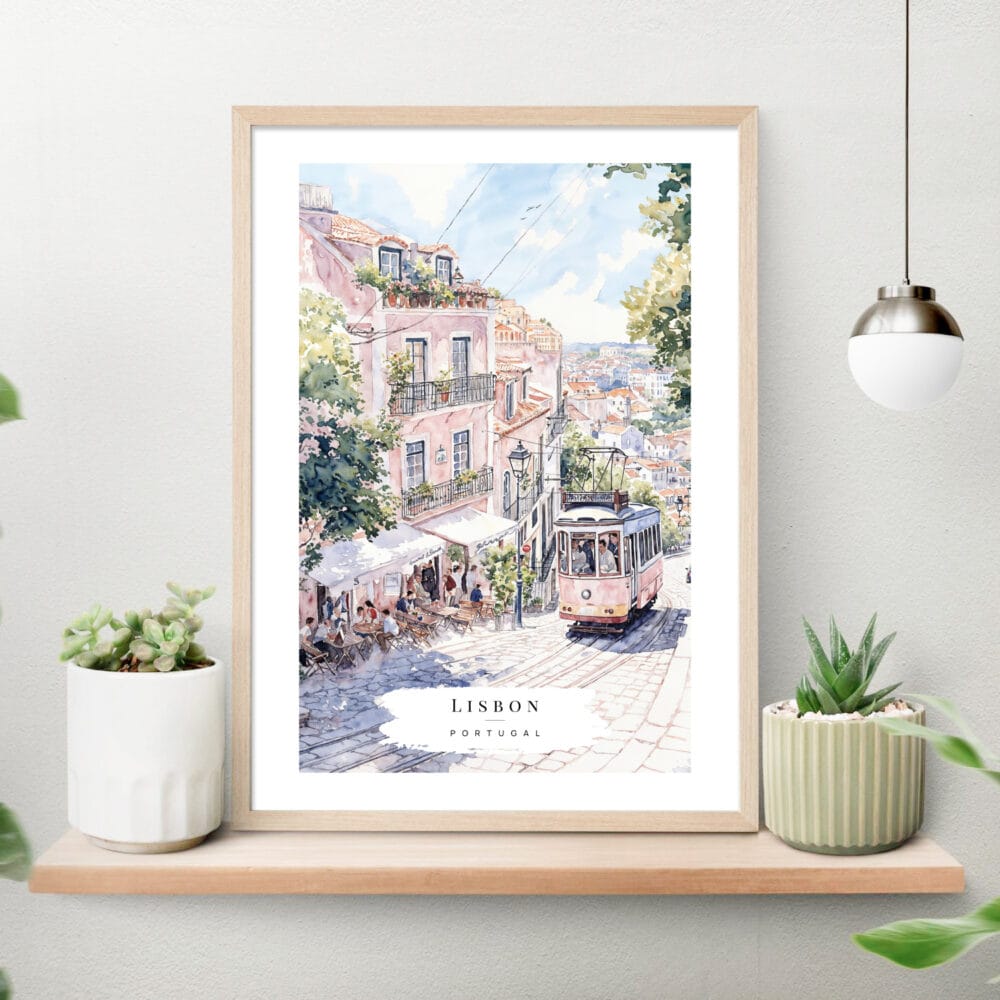 Lisbon Watercolor Art Print on shelf Lisbon Watercolor Art Print on shelf