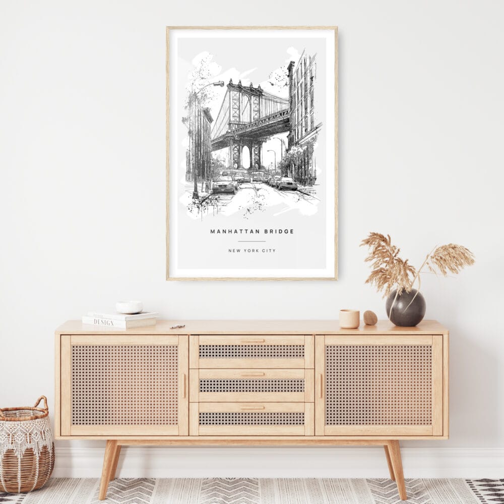 Manhattan Bridge Line Drawing Art Print - Shelf - Portrait Manhattan Bridge Line Drawing Art Print - Shelf - Portrait