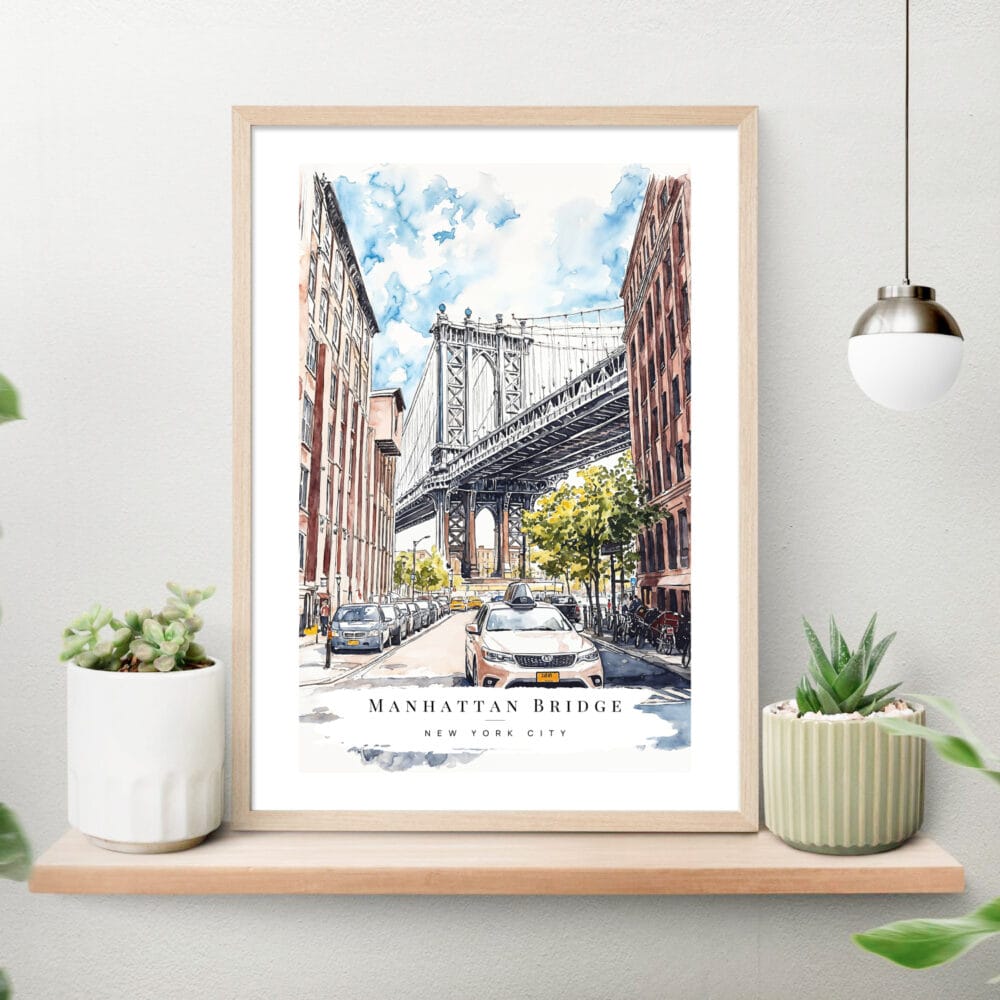Manhattan Bridge Watercolor Art Print on shelf Manhattan Bridge Watercolor Art Print on shelf