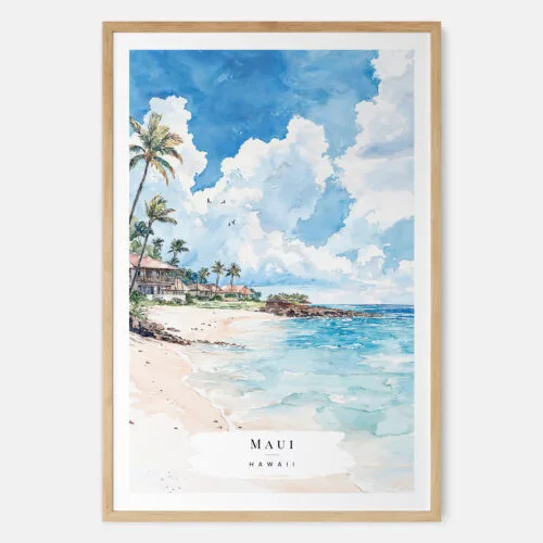 Maui Beach Watercolor Art Print - Main - Wood Frame