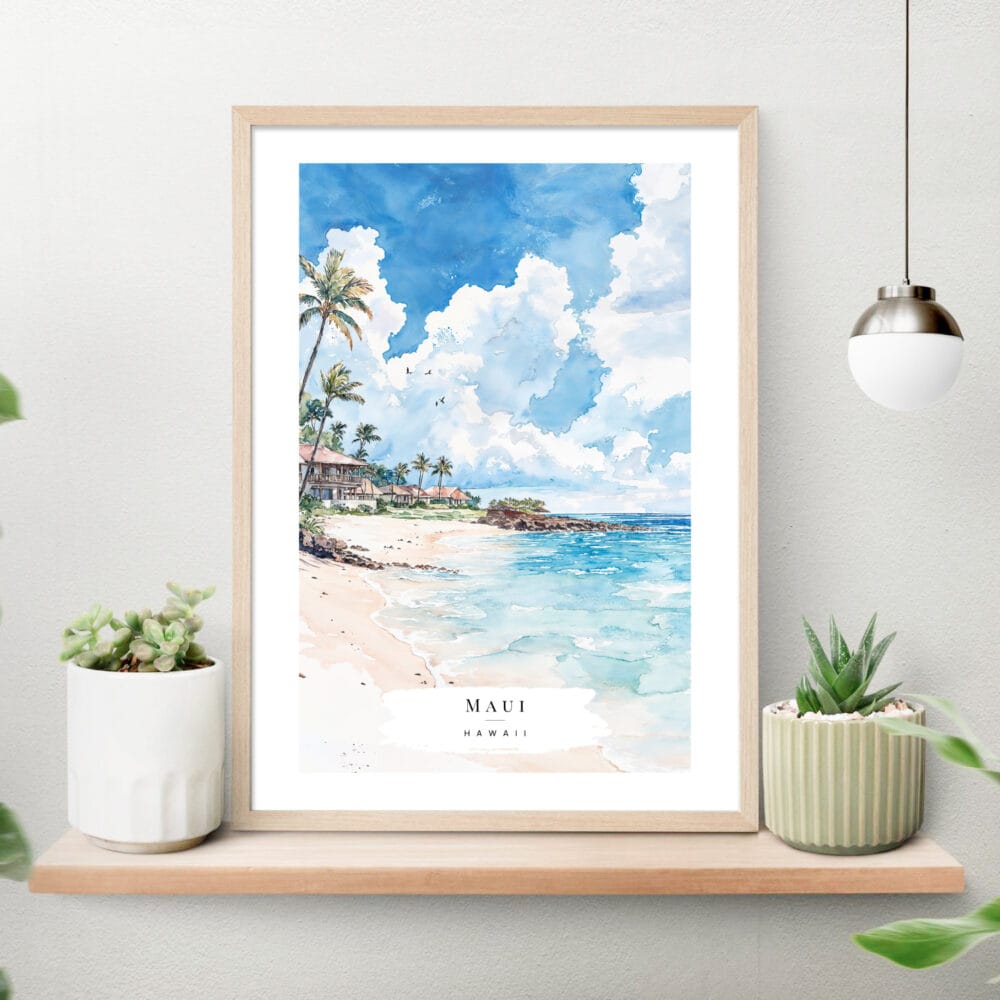 Maui Beach Watercolor Art Print on shelf Maui Beach Watercolor Art Print on shelf