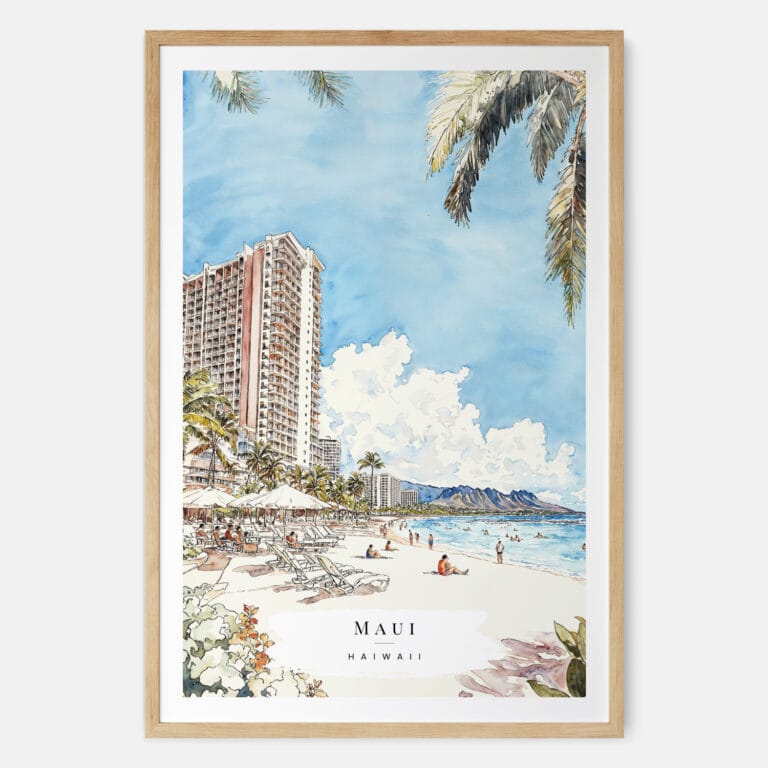 Maui Hawaii Watercolor Art Print - Main - Wood Frame
