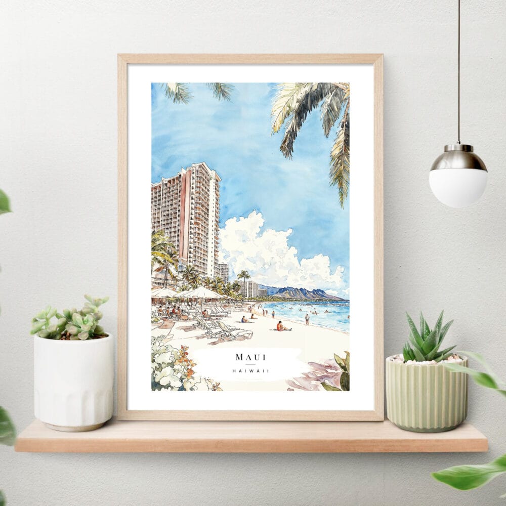 Maui Hawaii Watercolor Art Print on shelf Maui Hawaii Watercolor Art Print on shelf