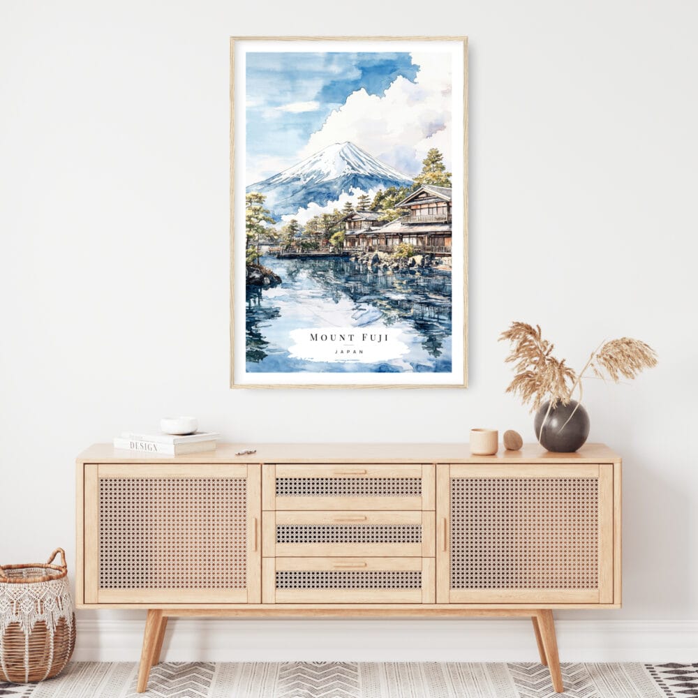 Mount Fuji Watercolor Art Print View From Oshino Art Print - Shelf - Portrait Mount Fuji Watercolor Art Print View From Oshino Art Print - Shelf - Portrait