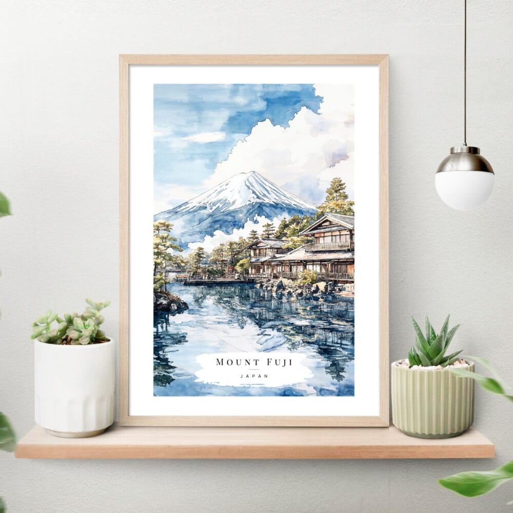 Mount Fuji Watercolor Art Print View From Oshino Art Print on shelf Mount Fuji Watercolor Art Print View From Oshino Art Print on shelf