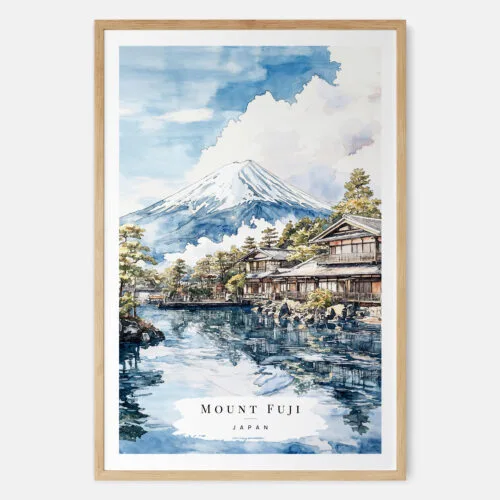 Mount Fuji Watercolor Art Print View From Oshino - Main - Wood Frame