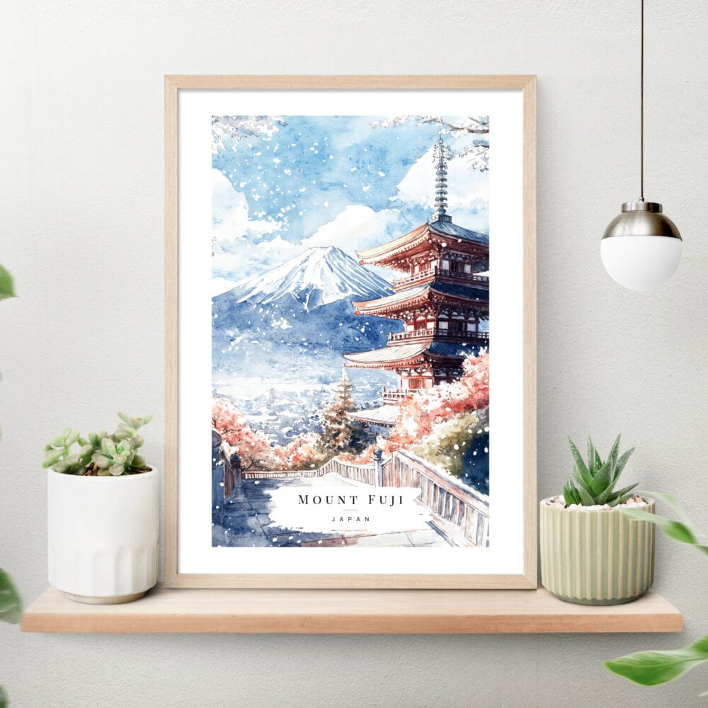 Mount Fuji Watercolor Art Print on shelf Mount Fuji Watercolor Art Print on shelf