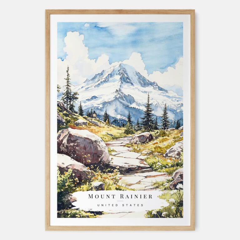 Mount Rainier Watercolor Art Print - Main - Wood Frame