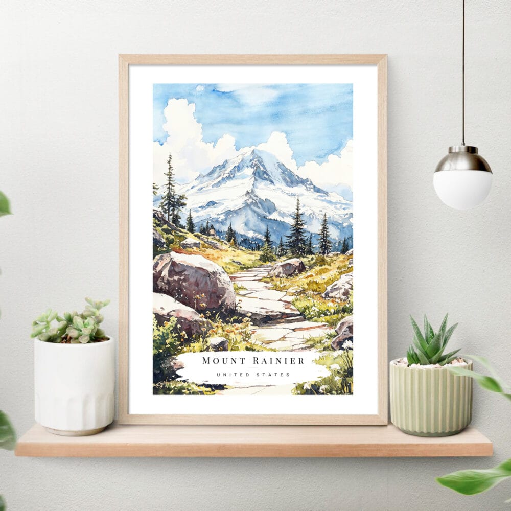 Mount Rainier Watercolor Art Print on shelf Mount Rainier Watercolor Art Print on shelf