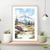 Mount Rainier Watercolor Art Print on shelf