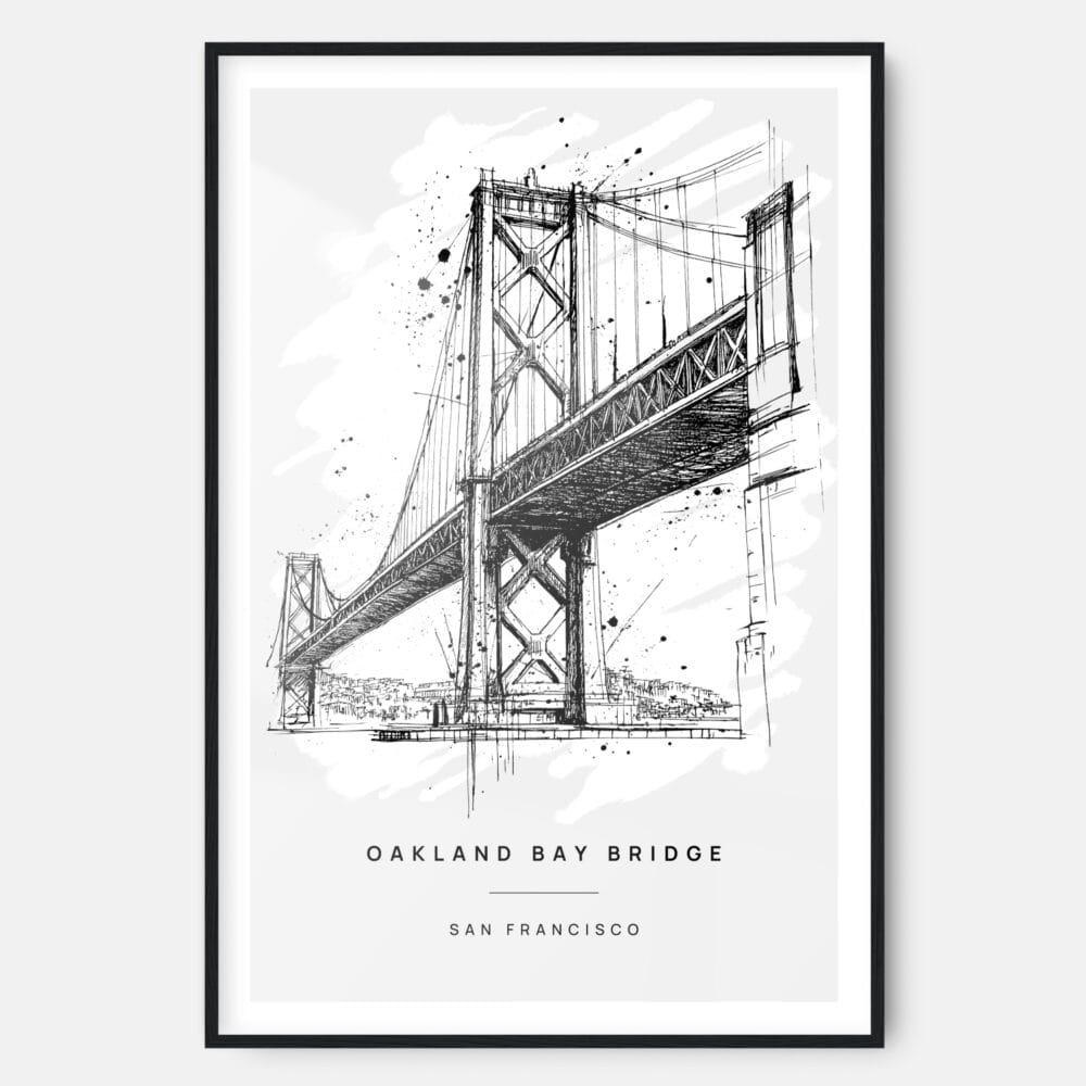 Oakland Bay Bridge Pencil Drawing Art Print - Main - Black Frame - Portrait