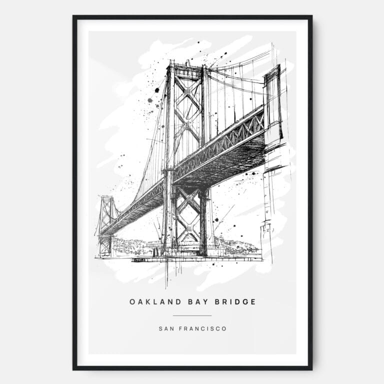 Oakland Bay Bridge Pencil Drawing Art Print - Main - Black Frame - Portrait