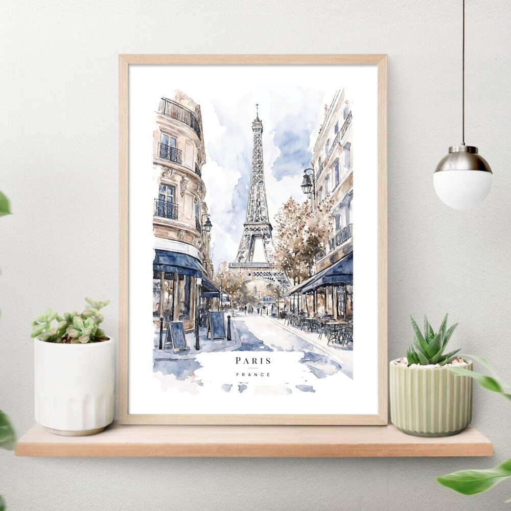 Paris Watercolor Painting Art Print on shelf Paris Watercolor Painting Art Print on shelf