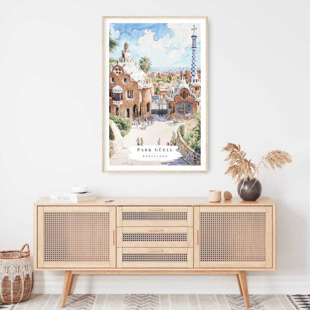 Park Guell Barcelona Watercolor Art Print - Shelf - Portrait Park Guell Barcelona Watercolor Art Print - Shelf - Portrait