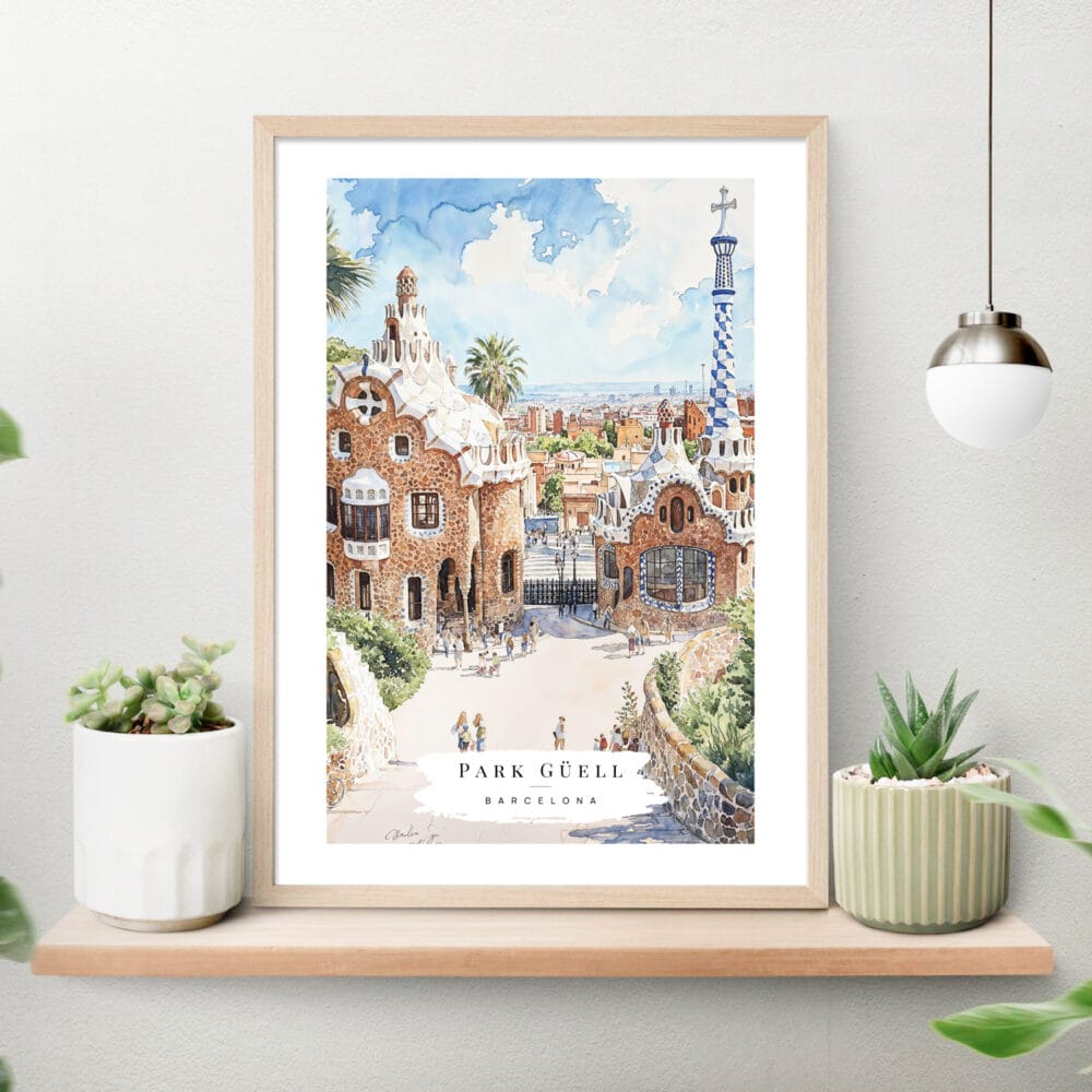 Park Guell Barcelona Watercolor Art Print on shelf Park Guell Barcelona Watercolor Art Print on shelf