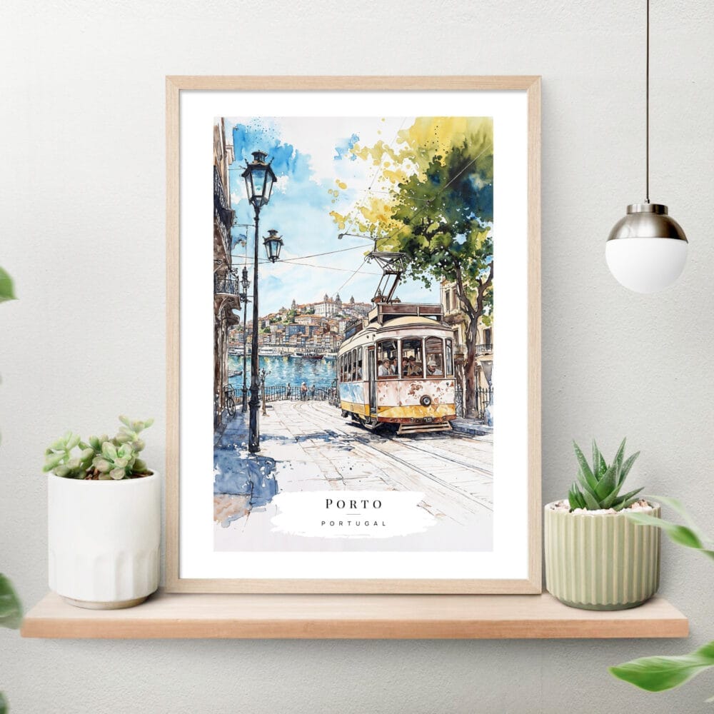 Porto Watercolor Art Print on shelf Porto Watercolor Art Print on shelf
