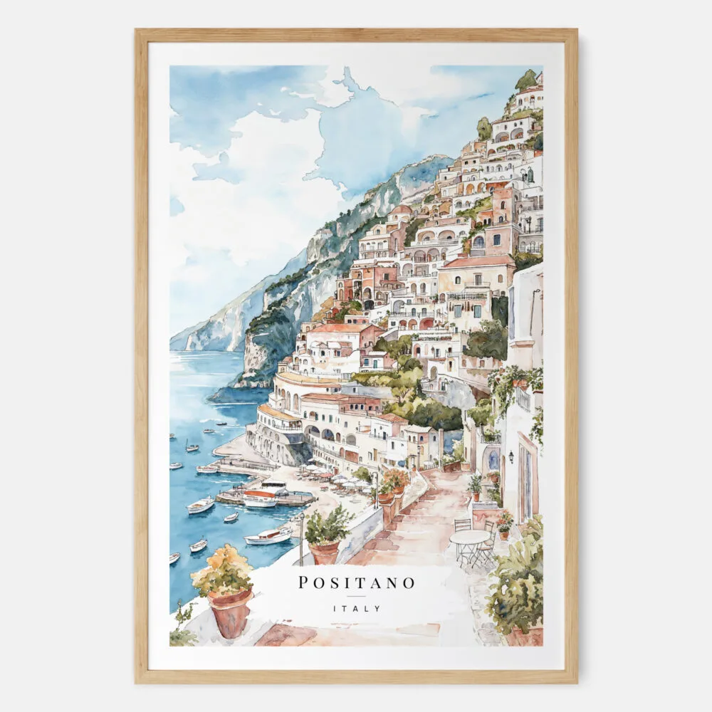Positano Watercolor Painting Art Print - Main - Wood Frame Positano Watercolor Painting Art Print - Main - Wood Frame