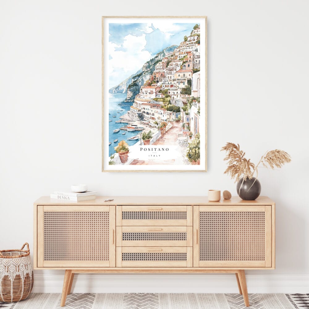 Positano Watercolor Painting Art Print - Shelf - Portrait Positano Watercolor Painting Art Print - Shelf - Portrait