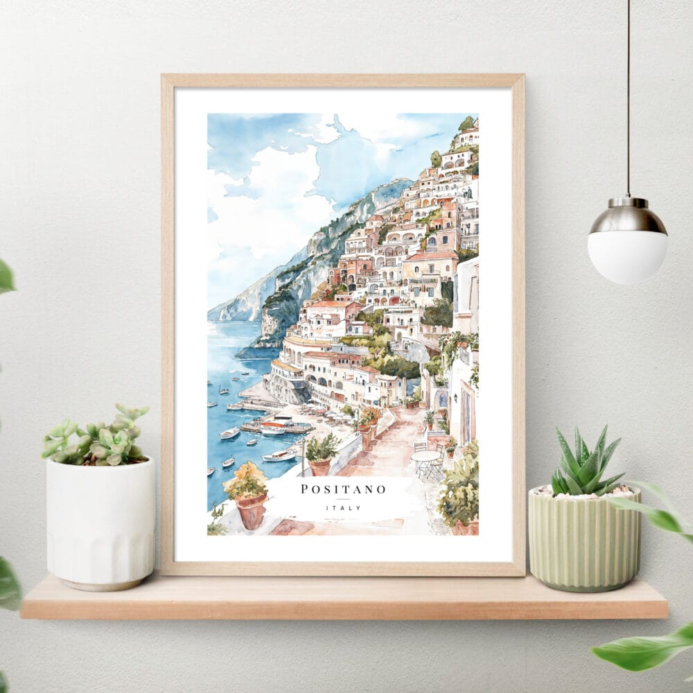 Positano Watercolor Painting Art Print on shelf Positano Watercolor Painting Art Print on shelf