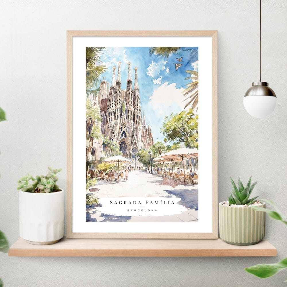 Sagrada Familia Barcelona Watercolor Art Print on shelf Sagrada Familia Barcelona Watercolor Art Print on shelf