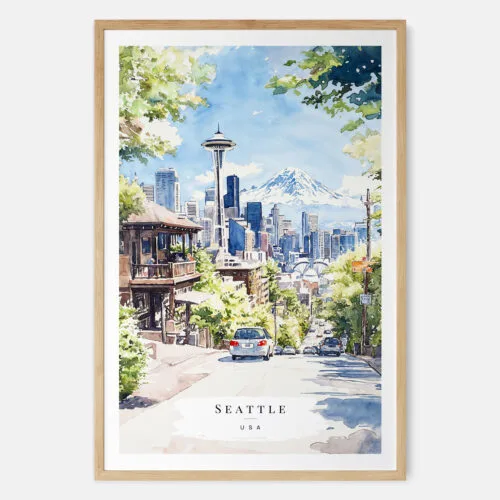 Seattle Space Needle Watercolor Art Print - Main - Wood Frame